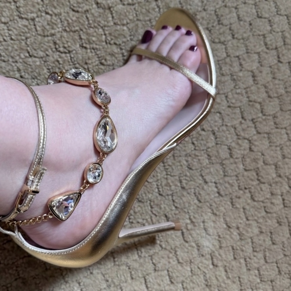 Sophia Webster Gold Heels with rhinestone anklet attached.